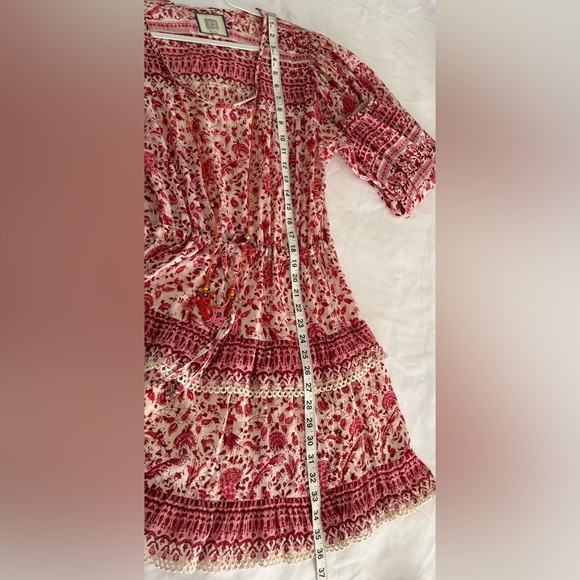 Alicia Bell Floral Beaded Tassel Tie VNeck Ruffle Ari Mini Dress Red Pink EUC - Picture 8 of 16